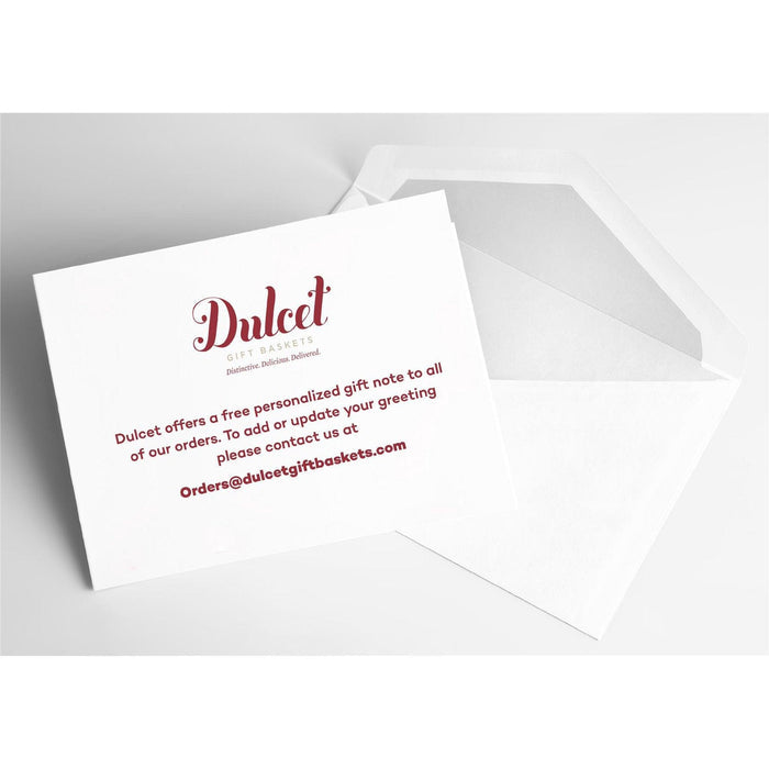 White envelope with Dulcet Gift Baskets gift note