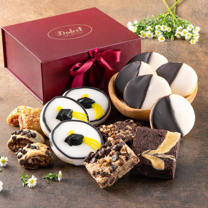 Cookie gift box with mixed treats, including chocolate-covered crescent pieces