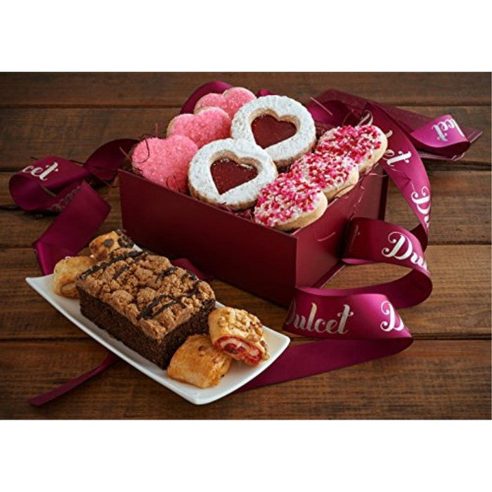 Heart-shaped sugar cookies in a burgundy gift box