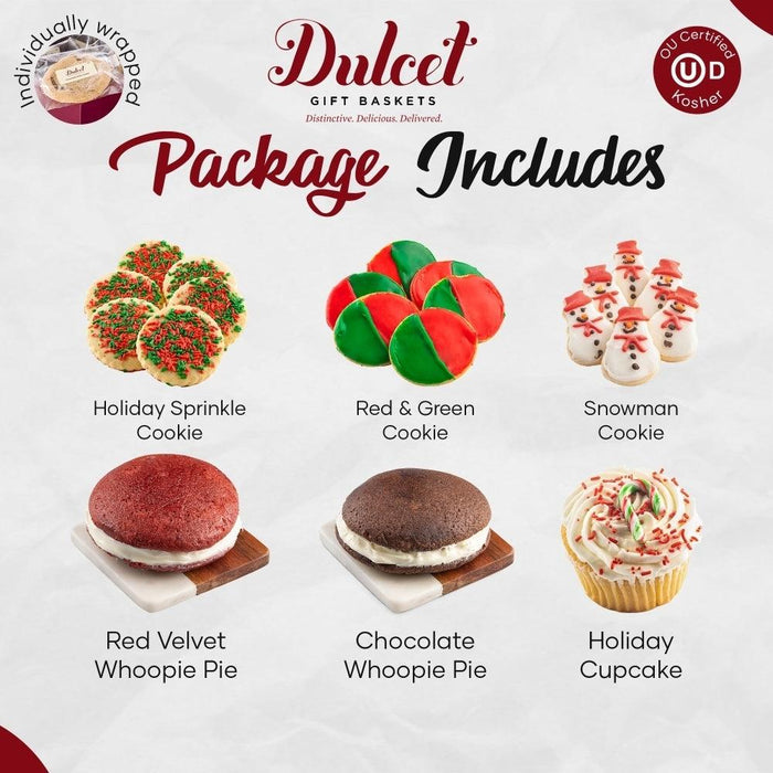 Assorted holiday cookies and cupcake on a gift basket package.