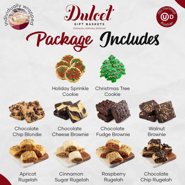 Gift package includes holiday sprinkle cookie, Christmas tree cookie, and assorted bars