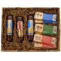Meat and cheese gift box open with salami, cheese bars, and wrapped cheese
