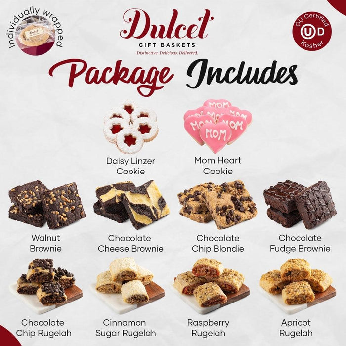 Care package cookie variety layout: Mom heart, Daisy Linzer, and chocolate/chip rugelans