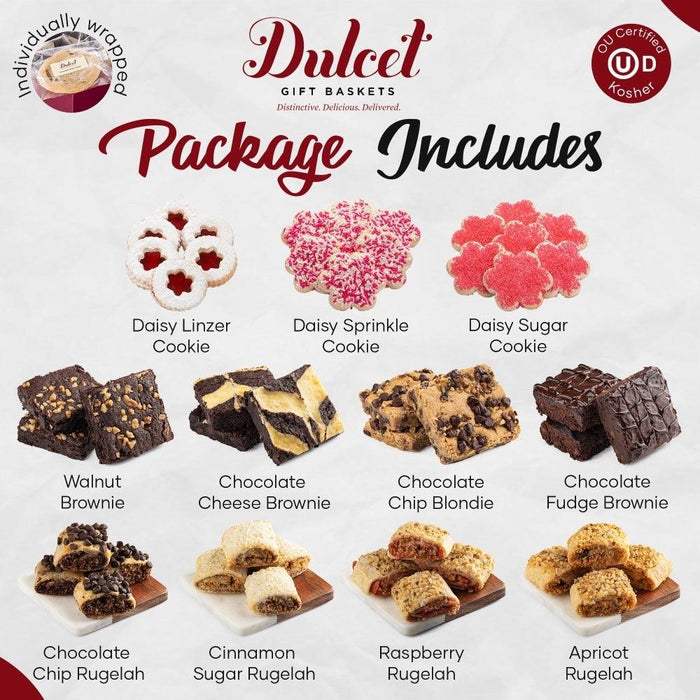 Assorted cookie package display with daisy and rugelach cookies