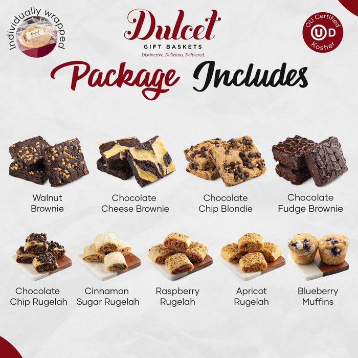Dulcet gift baskets package includes assorted pastries: brownies, rugalch, muffins
