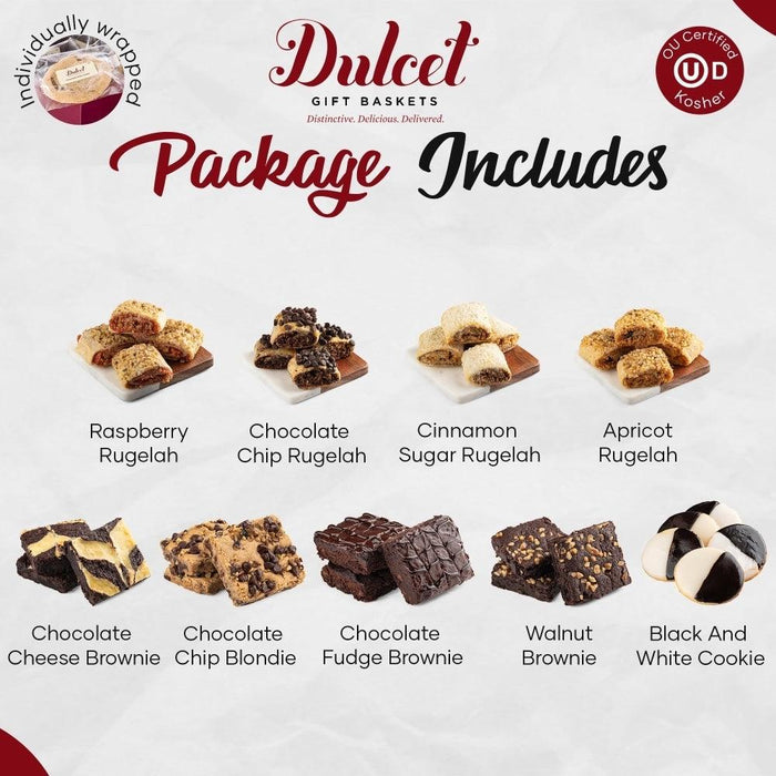 Gift basket assortment of rugelach-style cookies and brownies, shown in a lineup.