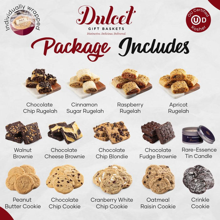 Dulcet gift basket package includes assorted cookies on small wooden trays