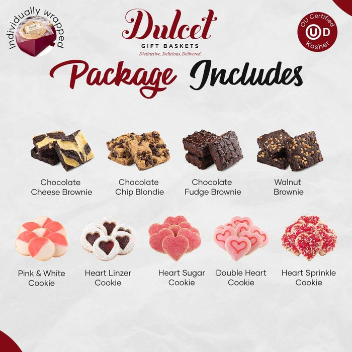 Gift basket contents set with brownies and heart cookies assortment