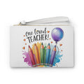 White zippered clutch bag with front graphic of colorful pencils, hearts, and balloon