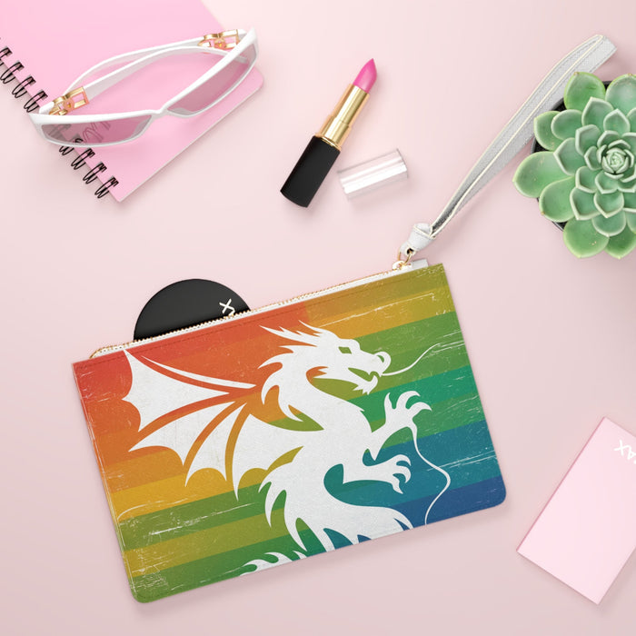 White zip clutch bag with colorful striped dragon graphic and wrist strap