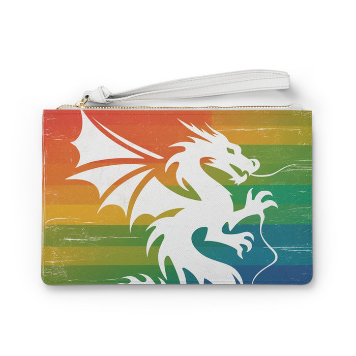 White zip clutch bag with rainbow dragon graphic across the front