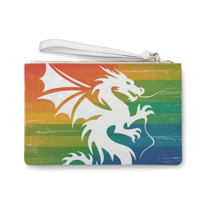 White wrist-strap zip clutch with rainbow dragon graphic on front