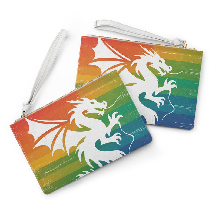 Two white zip clutch bags with striped rainbow dragon graphics