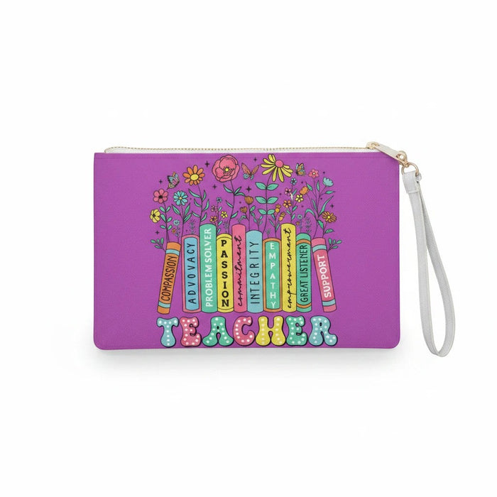 Purple rectangular clutch bag with gold zipper and white wrist strap