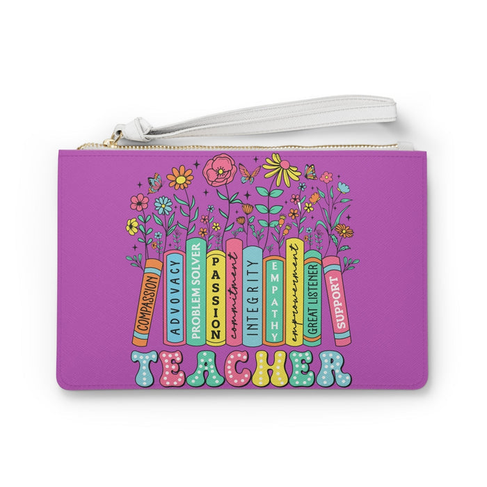 Purple teacher word art clutch bag with gold zipper and white wrist strap