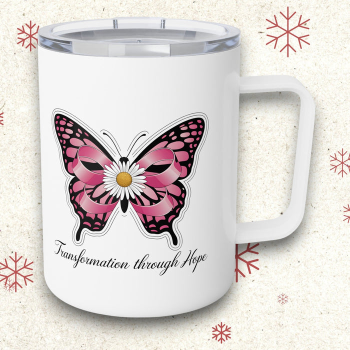 White insulated coffee mug with pink butterfly graphic and “Transformation through Hope” text