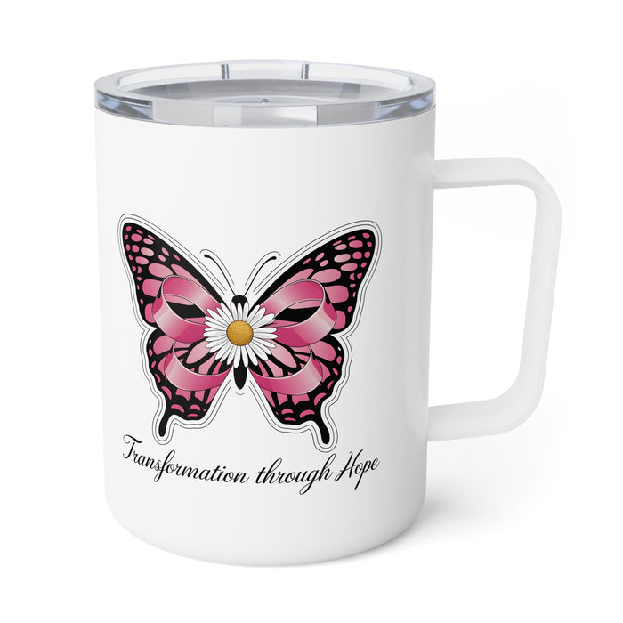White insulated coffee mug with pink butterfly artwork, clear lid, and side handle