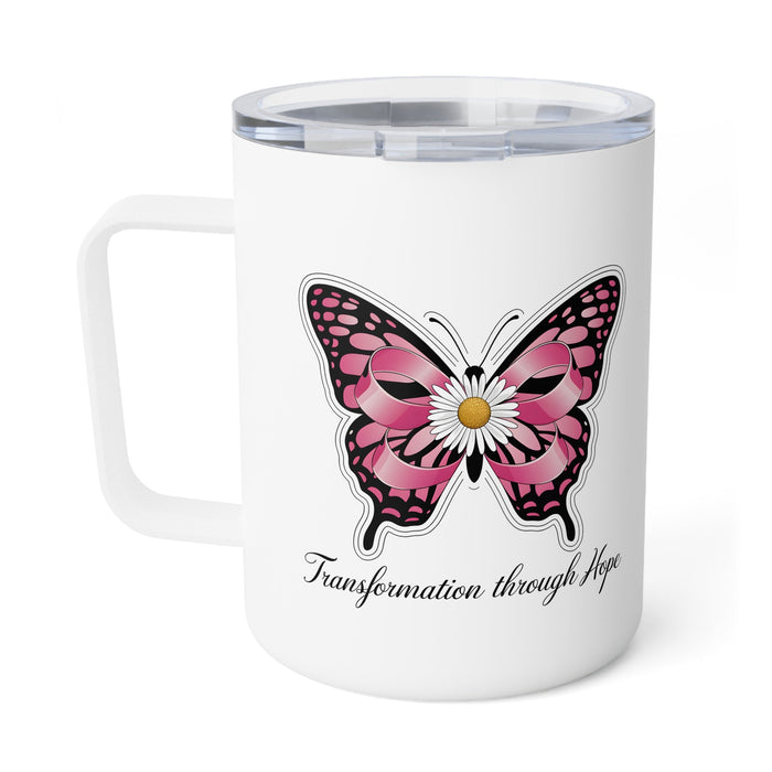 White insulated mug with pink butterfly design centered and “Transformation through Hope”