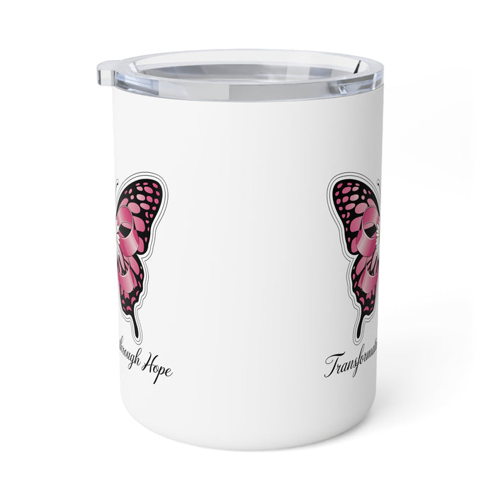 White insulated coffee mug with partial pink butterfly graphics on both sides