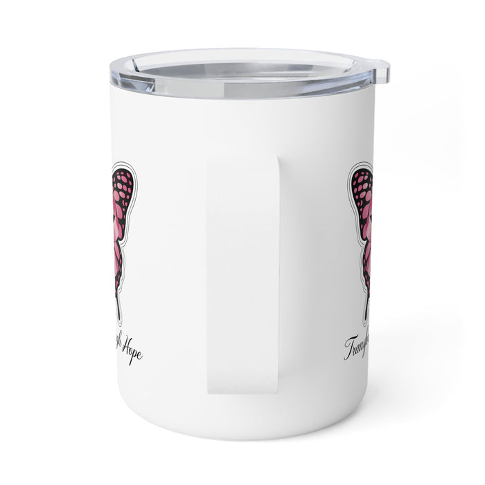 White insulated mug with partial pink butterfly prints, clear lid, and side handle
