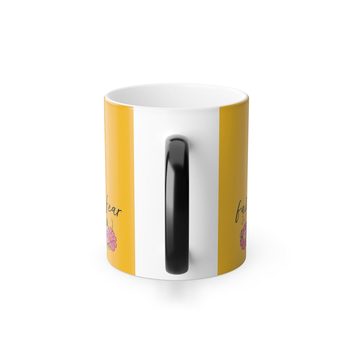 11oz color-morphing mug in yellow with glossy dark panel on front; ribbon print around sides