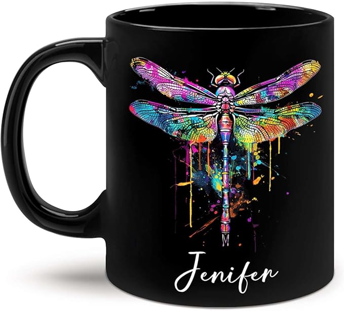 Black ceramic coffee mug with colorful dragonfly graphic and custom name