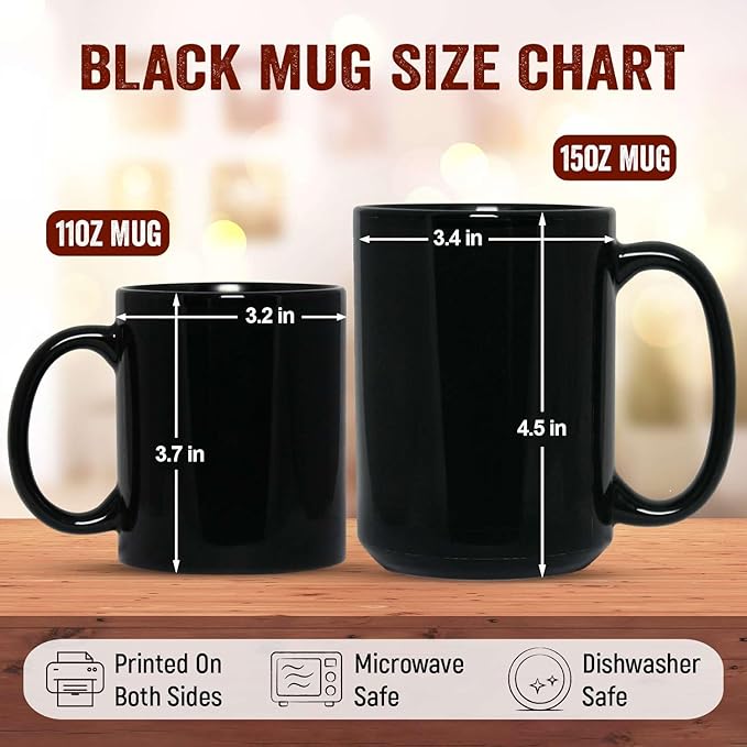Black mug size chart: 11oz and 15oz, microwave- and dishwasher-safe