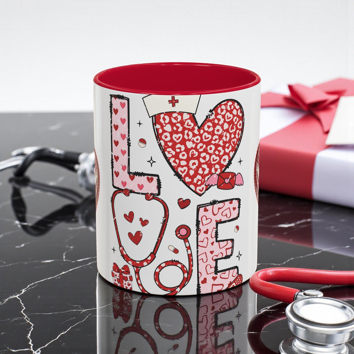 Love Nurses ceramic mug with red interior, white body, and red heart-and-nurse word art.