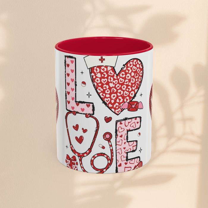 Love Nurses ceramic mug with red interior, white body, and red heart nurse collage design.