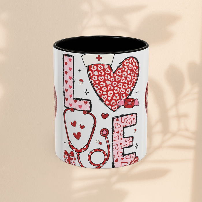 Love Nurses ceramic mug with black interior, white body, and red heart-and-nurse graphic.