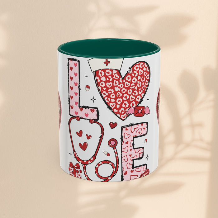 Nurse-themed mug with green rim, white body, red stethoscope and "LOVE" graphic