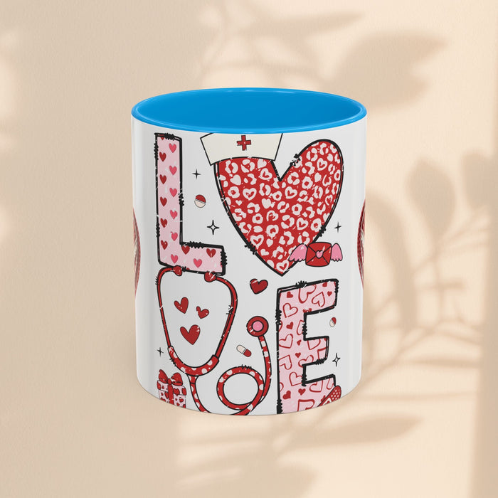 Nurse-themed mug with blue rim, white body, red stethoscope and "LOVE" graphic