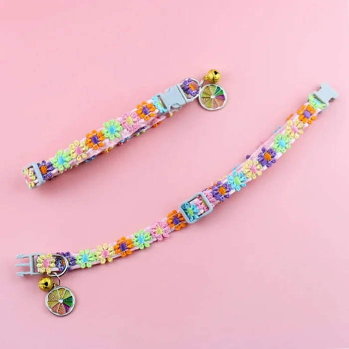 Adjustable woven pet collars, bright flower pattern, with bell charms and metal rings.