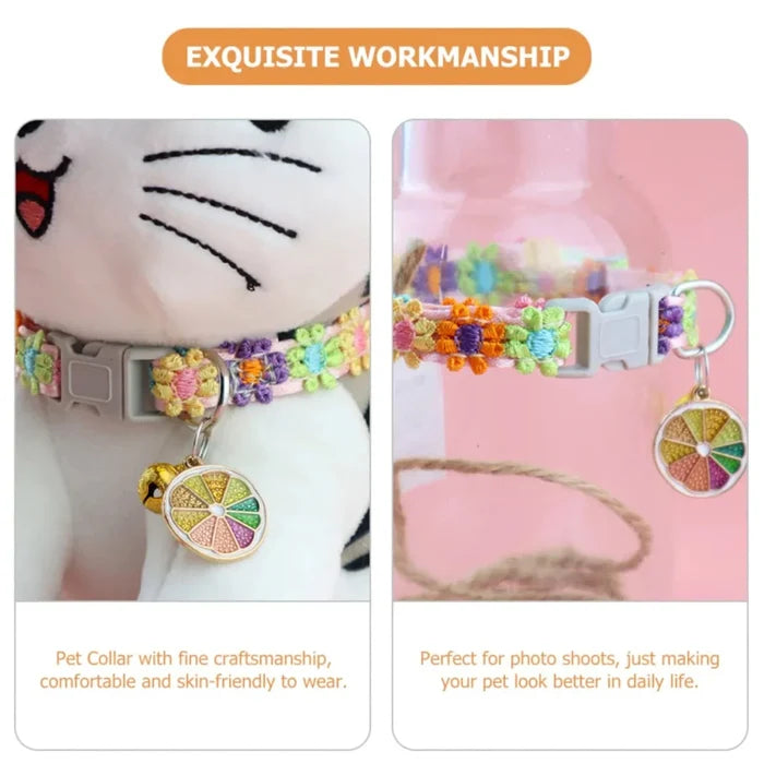 Adjustable colorful pet collar with flower embroidery, bell charm, and side clasp.