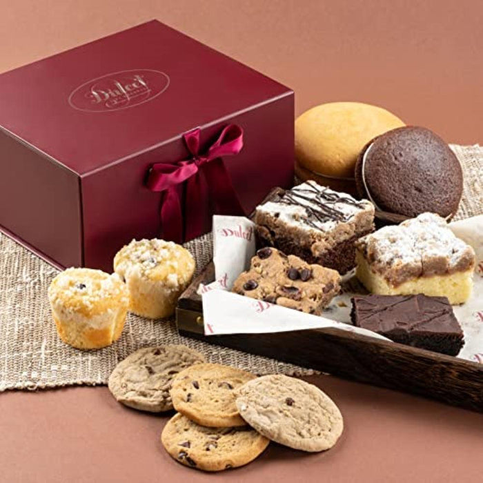 Burgundy gift box with ribbon and assorted cookies and brownie bars