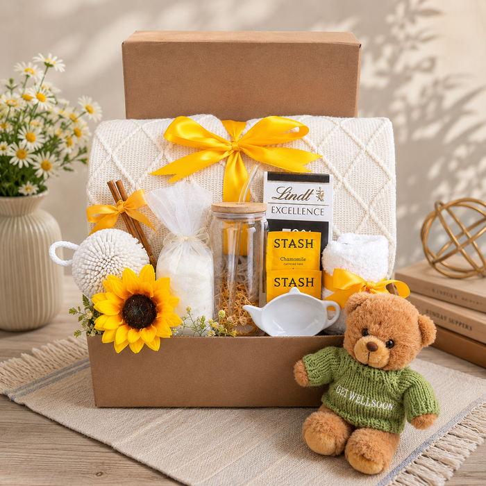 Relaxation gift box with white fabric, yellow ribbon, glass jar, teddy and flowers