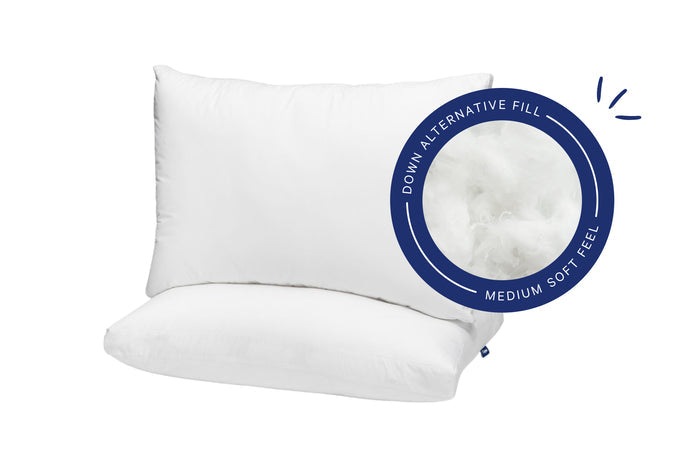 Two Original Pillows with a close-up of the inside material of the pillow. Text on the image reads "Down Alternative fill. Medium soft feel."
