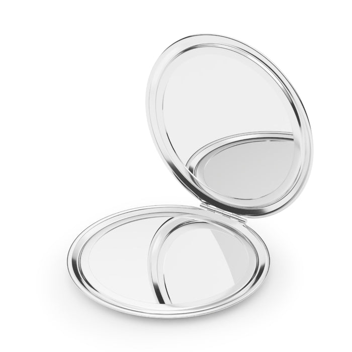 Silver glossy compact travel mirror with open circular cover and reflective surfaces