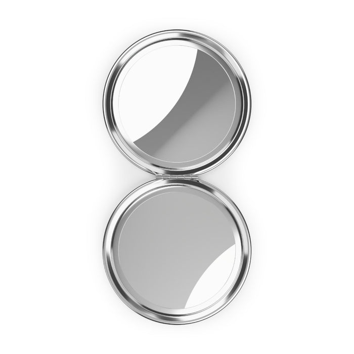 Compact travel mirror with silver glossy frame, open to show two reflective circles