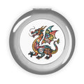 Silver glossy compact mirror with colorful dragon crest illustration in center