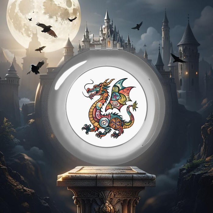 Silver glossy compact travel mirror, dragon crest medallion visible