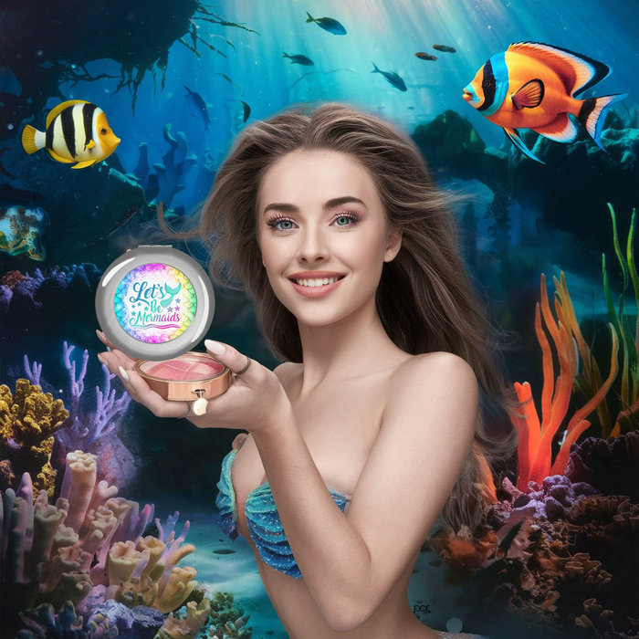 Compact mirror with colorful mermaid graphic, open and held up (silver glossy)