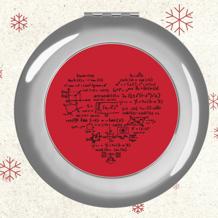 Silver glossy compact travel mirror with red math-themed inner design
