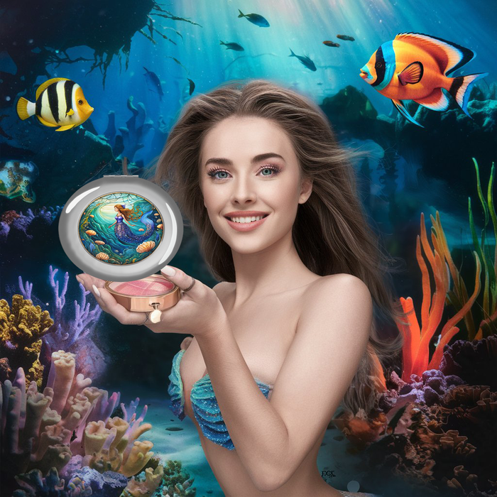 Glossy silver compact travel mirror with mermaid artwork on one side, open compact.