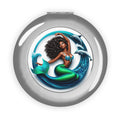 Silver glossy compact travel mirror with mermaid graphic in round frame