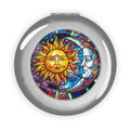 Silver glossy compact travel mirror with sun-and-moon stained-glass artwork
