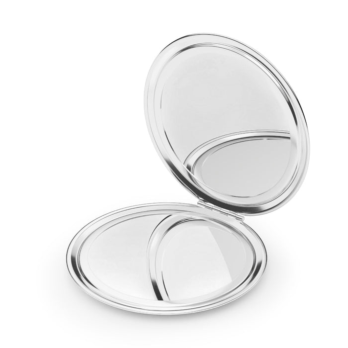 Compact travel mirror, open silver case showing two reflective round surfaces