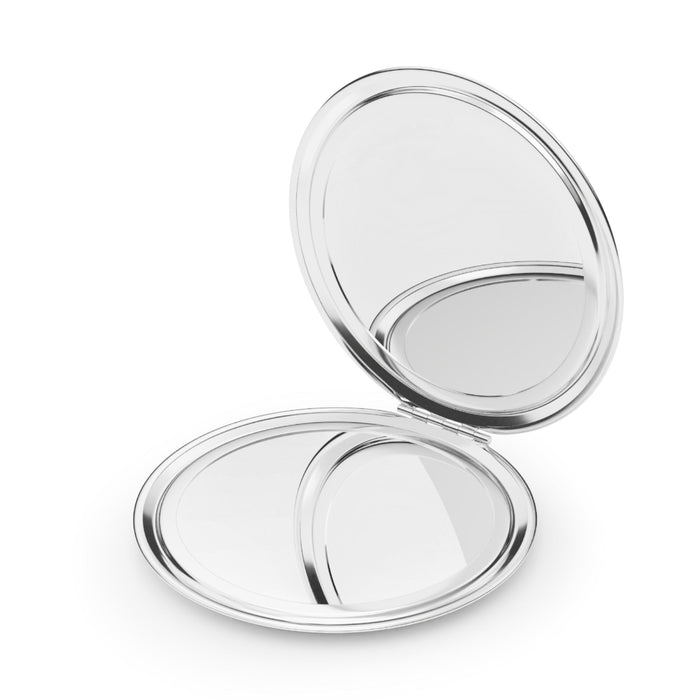 Silver glossy compact travel mirror open with two round reflective surfaces