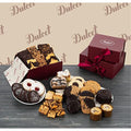 Assorted cookies and brownies in a burgundy gift box with ribbon bow