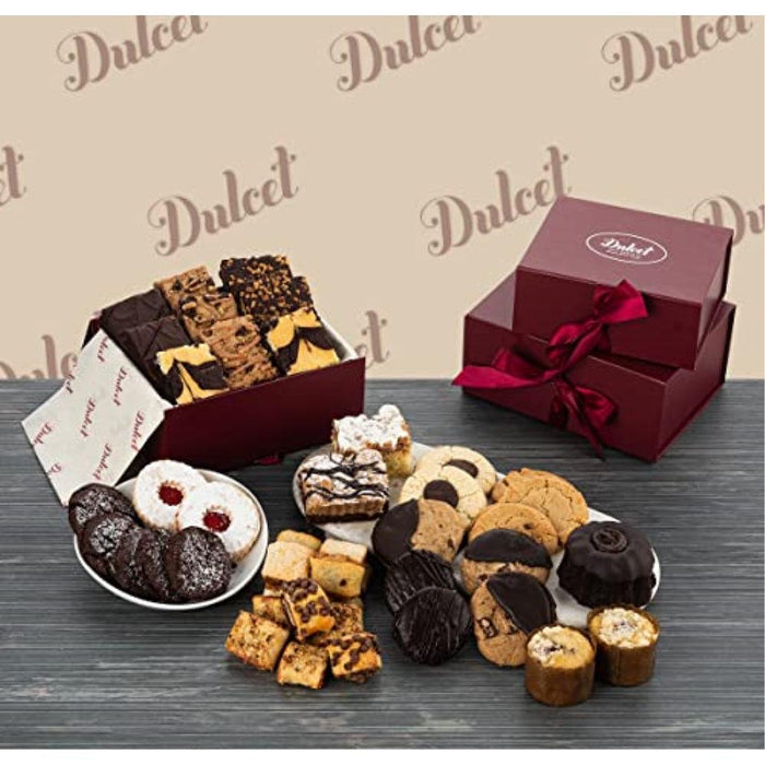 Assorted cookies and brownies in a burgundy gift box with ribbon bow